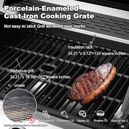 MELLCOM Upgraded 44,000 BTU Stainless Steel Burner Barbecue Grill, 4 Burner BBQ Propane Gas Grill with Side Stove & Cast Iron Grates for Patio, Camping, Outdoor Cooking - Image 5