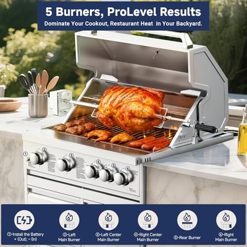 BODEGA 30 Inch Propane Gas Grill, 4x12000-BTU Gas Grill & 1x10000-Infrared Back Burner, Stainless Steel 5-Burner Propane Grill for Outdoor Kitchen, Rotisserie Chicken Fork Kit | Backyard BBQ, Camping. - Image 6