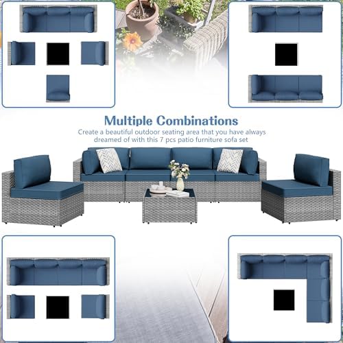 7 Piece Outdoor Patio Furniture Set with Silver PE Rattan, Navy Blue - Image 2