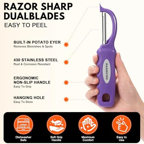 Rainspire Vegetable Peeler Potato Peelers for Kitchen, Sharp Stainless Steel Blades Veggie, Comfortable Handle Fruit Peeler, Carrot Peeler Apple Peeler Dishwasher Safe (2, Purple) - Image 6
