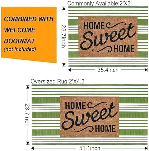 Green and White Striped Rug 24"x35"Cotton Door Mat Outdoor For Welcome Mats - Image 2
