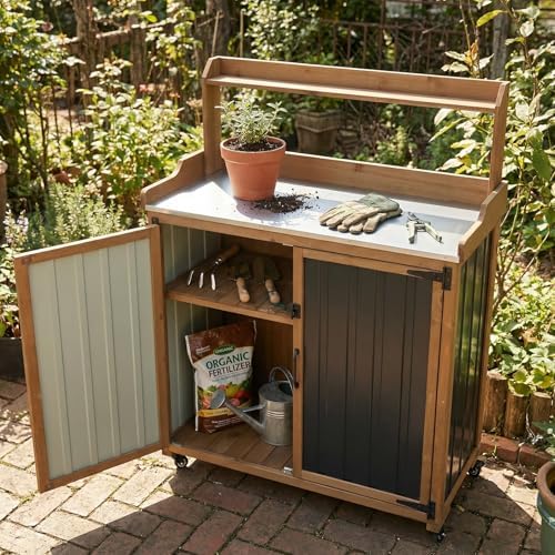 Ketive Rolling Potting Bench with Storage and Galvanized Metal Top - Image 2