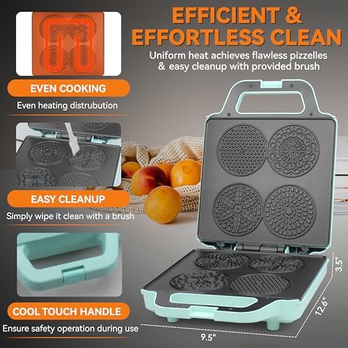 Baker’s Friend Pizzelle Maker Electric, 4 X 3.5” Pizzelle Waffle Cookies for Christmas Baking Supplies, Stroopwafel Iron, Cookie Maker Machine with Pattern, Thin Waffle Maker, Aqua - Image 3