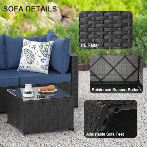 Patio Furniture Set, 5PCS Outdoor Sectional w/ Ottoman & Cushion, Navy Blue - Image 3