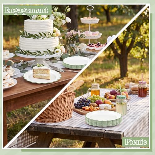 NatNarr 30 Pk Sage Green Paper Plates 9" Scalloped Green White Party Plates - Image 5