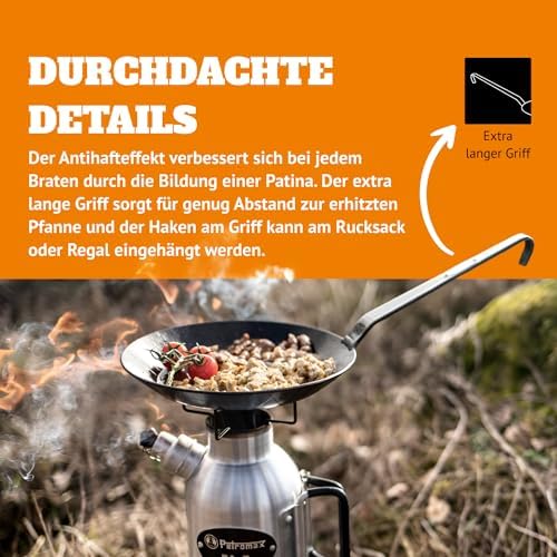 Petromax Wrought Iron Skillet, Long Handle Pan Conducts Heat Evenly, Indoor/Outdoor Camping Cookware for Campfire or Home Kitchen Use, Stove to Table Serveware - Image 5