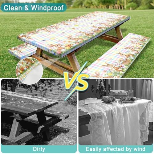 Easter Picnic Table Cover with Bench Covers, Camping Essentials, Easter Buffalo Plaid Bunny Eggs Flowers Outdoor Table Covers, Waterproof, Fitted Tablecloth Cover with Elastic Edge, 3 PCS, 30x96 Inch - Image 6