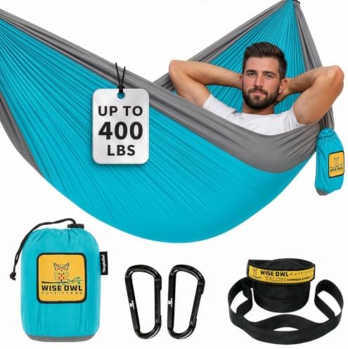 Wise Owl Outfitters Hammock for Camping Single Hammocks Gear for The Outdoors Backpacking Survival or Travel - Portable Lightweight Parachute Nylon SO Lt Blue & Grey by WiseOwlOutfitters