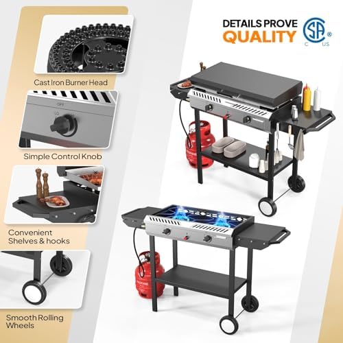 Bonnlo 2-in-1 Propane Stove and Griddle, Iginition Outdoor Gas Cooker with Storage Shelf and Portable Wheels, 2 Burner Camping Stove with 150000BTU Output for Backyard Cooking BBQ Frying and Boiling - Image 5