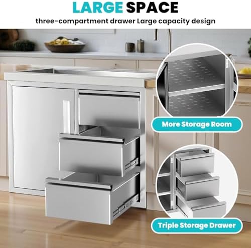 28x19.7x22in Outdoor Kitchen Cabinets, Triple Stainless Steel Drawers, 304 Stainless Steel Outdoor Kitchen Cabinets, Outdoor Kitchen Drawers Combo Cabinet for Patio Grill Station & Outdoor Cooking - Image 5