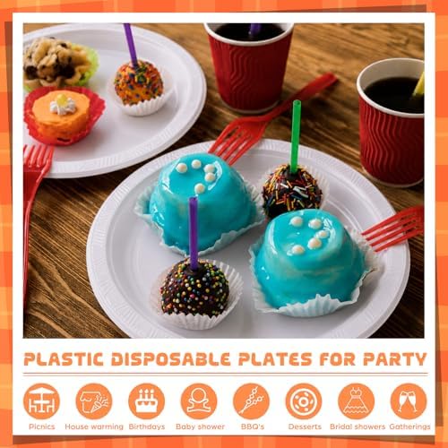 Plastic Plates 9 Inch Plastic Solid Round Party Dessert Dinner Plates for Weddings Party BBQs Birthday Camping and Anniversary (50, White) - Image 4