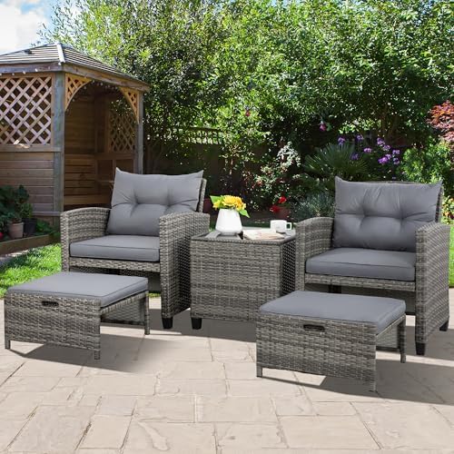 Vongrasig 5 Piece Patio Furniture Set, Small Balcony Furniture, PE Wicker Rattan Patio Chairs Set of 2, Outdoor Lounge Chairs with Cushions Ottomans &Glass Table for Porch Garden(Light Grey) - Image 7