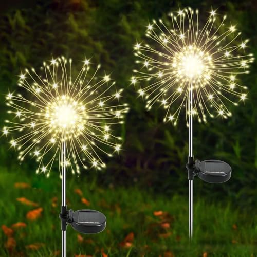 Solar Garden Lights Outdoor, 2 Pack 120 LED Twinkling Firework Lights Decorative with 2 Modes, Outdoor Waterproof Solar Starburst Light for Outside Yard Pathway Garden Decor, Warm White by Yaafen