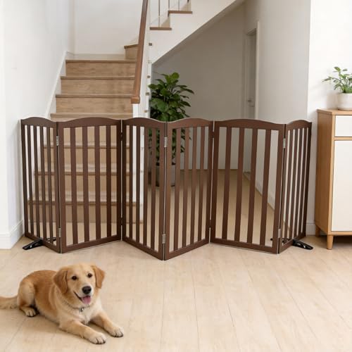 Freestanding Dog Gate Indoor,Doggie Gate Foldable Pet Gates for Doorways,Stairs or Hallways, Wooden Brown Pet Gate for the House, Pet Fence with Support Feet Included,32 "Height-6 Panels - Image 2
