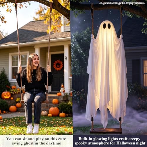 Halloween Decorations Outdoor, 5 FT Hanging Swing Ghost with String Lights​​, Light Up Large Spooky Cute Decor Kit, Scary Party Decoration for Outside, Garden, Yard, Lawn, Home - Image 4