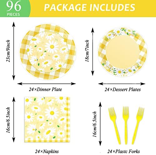Wiooffen 96 Pcs Daisy Flower Party Supplies for 24 Guests Daisy Party Tableware Set Yellow Daisy Flower Birthday Party Pack Paper Plate Napkin Fork for Birthday Party Wedding Bridal Baby Shower - Image 2