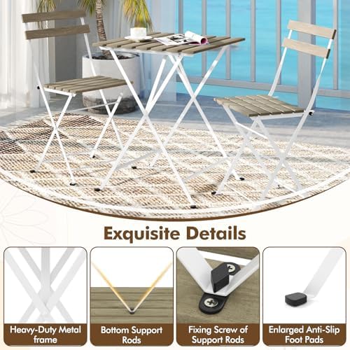 Giantex 3-Piece Acacia Wood Bistro Set, Patio Bistro Table with 2 Folding Chairs, Slatted Seat & Tabletop, Metal Frame, Outdoor Furniture Set for Backyard, Porch, Garden, Poolside (White + Gray) - Image 7