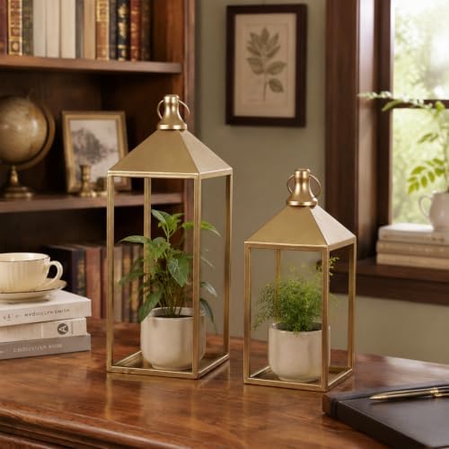 Decorative Candle Lanterns Indoor, 2 Pcs Gold Metal Lanterns with Candles - Image 4