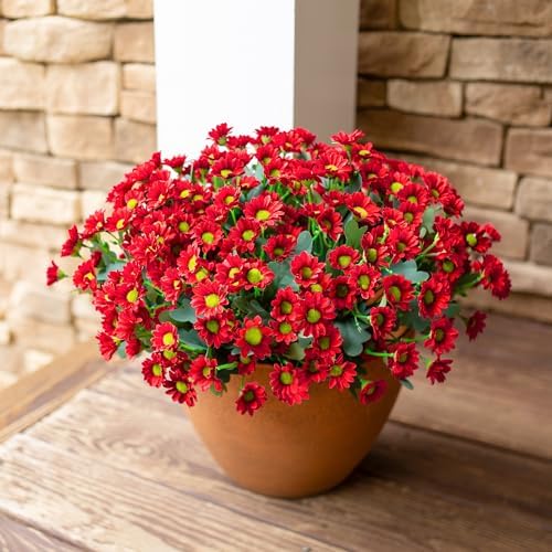 Daisy Artificial Flowers for Outdoors Autumn Fall Decoration, 6 Bundles Fake Mums Red Silk Flowers for Outside Look Real UV Resistant Fake Plants Faux Flowers for Planter Front Door Home Indoor Porch - Image 4