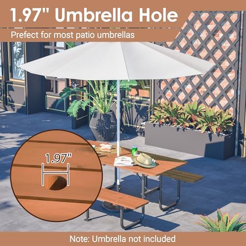 72'' Rectangular Outdoor Dining Table Wooden Patio Dining Table & 2 Built-in Bench for 8, 2" Umbrella Hole & Metal Base, Suitable for Picnic Backyard Garden Porch, Brown - Image 6