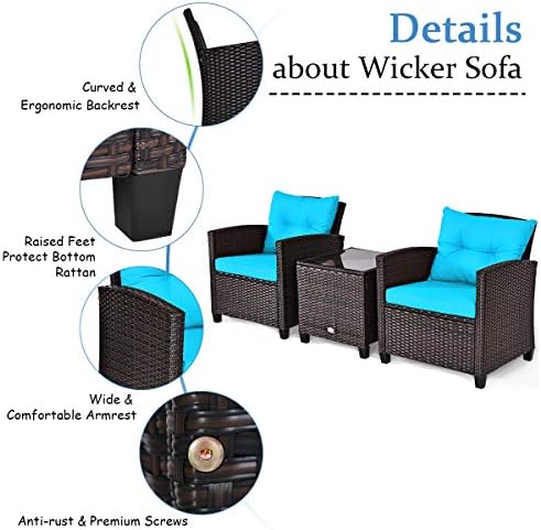 Tangkula 3 Pieces Patio Furniture Set, PE Rattan Wicker 3 Pcs Outdoor Sofa Set w/Washable Cushion and Tempered Glass Tabletop, Conversation Furniture for Garden Poolside Balcony (Turquoise) - Image 5