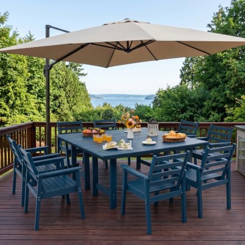 10-Piece Outdoor Dining Set, All-Weather HDPE Patio Furniture, Two 66.5" Slatted Table with 1.6" Umbrella Hole & 8 Ergonomic Armchairs, Heavy Duty 350lbs Capacity, UV Resistant, Blue - Image 2