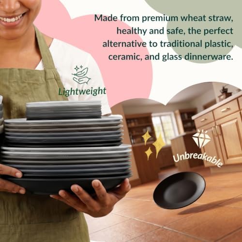 Homienly 40 PCS Kitchen Plates and Bowls Sets for 8 Wheat Straw Dinnerware Sets Microwave and Dishwasher Safe Camping Dish Set Plate Set, Kids, Reusable, Unbreakable, Lightweight-BlackGrey - Image 4