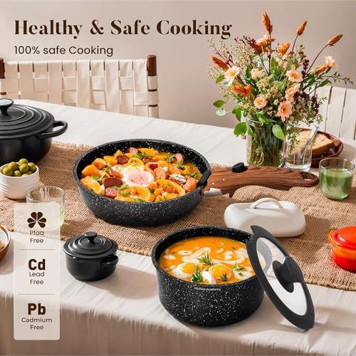 Kitchen Academy Removable Handle Induction Pots and Pans Set - 10 Piece Non-stick Cookware Sets, Black Granite Stackable RV Cookware for Camp - Image 5