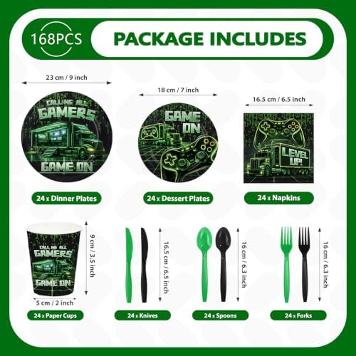 168 Pcs Video Game Birthday Party Decorations Neon Green Gaming Truck Plates and Napkins Cups Tableware Set for Boys Men Level Up Game On Theme Night Birthday Party Supplies Serves 24 - Image 2