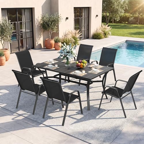 Outdoor Dining Set for 6, Metal Table and Stackable Chairs by CHINNLUU