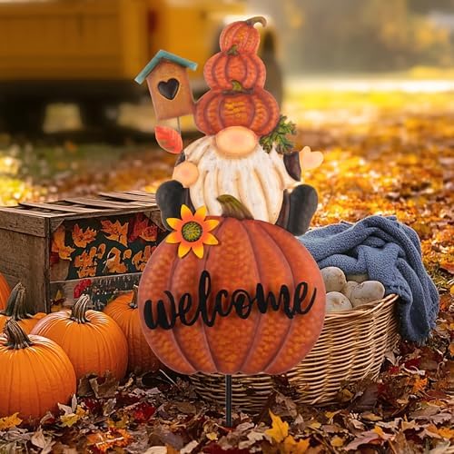 TERESA'S COLLECTIONS Fall Outdoor Decor, Gnomes Decorations for Yard, Metal Pumpkin Fall Garden Decorations, Welcome Signs Stakes, Thanksgiving Orange Autumn Decor for Lawn Patio, 16" - Image 2