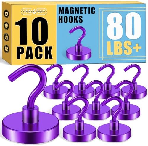 VNDUEEY Magnetic Hooks, 80 Lbs Heavy Duty Earth Magnets with Hooks for Cruise Cabin, Strong Magnetic Hooks for Hanging, Metal Magnetic Hanger for Grill, Fridge, Kitchen, Garage (Purple, Pack of 10) by VNDUEEY