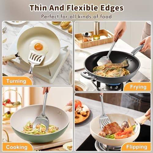 2 Pcs Stainless Steel Spatulas Set, Metal Spatula Solid & Slotted Turner, Heavy Duty Sturdy Spatula for Kitchen Use, High Heat Resistant Cooking Utensils for Fish Eggs Pancakes, Easy to Clean, Silver - Image 7