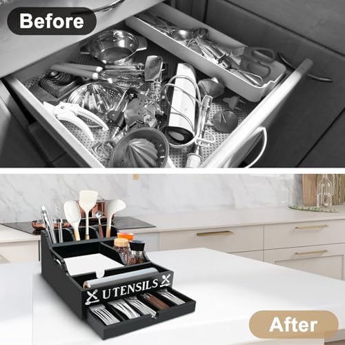 Kitchen Utensil Holder, Lagre Wooden Cooking Utensil Holder, Farmhouse Spatula Organizer, Countertop Utensil Crock for Forks Spoons Knives Kitchen Cooking Tools Storage with 11 Compartments(Black) - Image 5