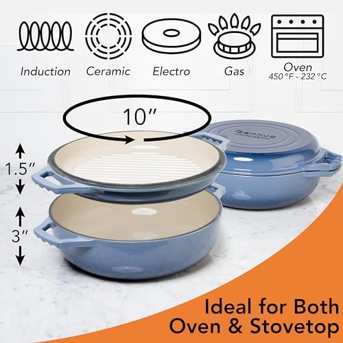 2-in-1 Enameled Cast Iron Braiser Pan with Grill Lid - 3.3-Quart Small Dutch Oven, Serves as Both Casserole & Stovetop Grill Pan, Cast Iron Cookware - Image 5