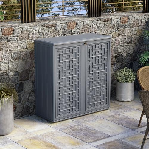 Mrosaa Indoor Outdoor Storage Cabinet Waterproof with Shelf,Plastic Storage Sheds Outdoor Cabinets for Patio/Garden/Backyard, Size 34.3''L*15''W*36.2''H（Gray） - Image 3