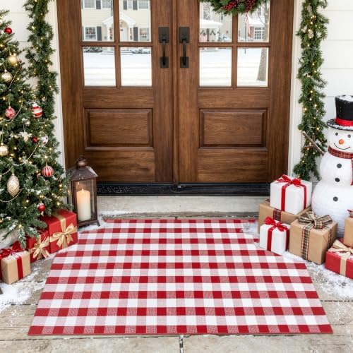 OJIA Christmas Outdoor Rug 3'x5' Red Plaid Front Door Mat Outdoor Porch Rug - Image 7
