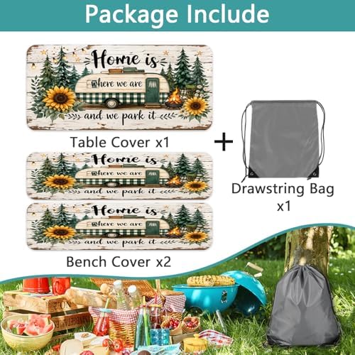 Picnic Table Cover with Bench Covers Camping Essentials Green Checkered RV Forest Sunflower Wooden Outdoor Table Covers with Elastic Waterproof Camping Tablecloth for Indoor & Outdoor 3 PCS 30x96 Inch - Image 6