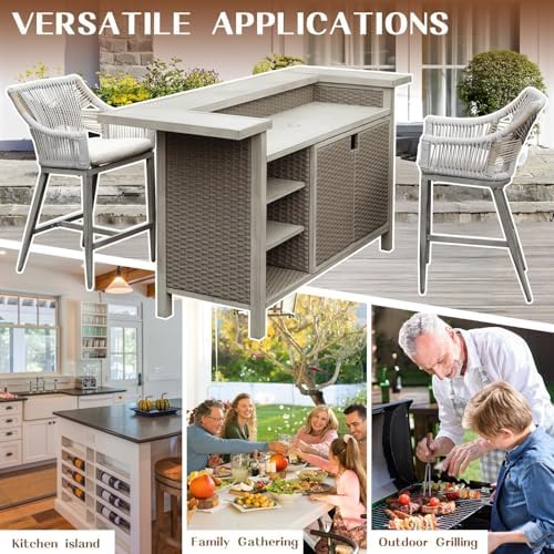 Outdoor Bar Table Set of 3 with 2 Stools, Wicker, Aluminum, Gray - Image 6