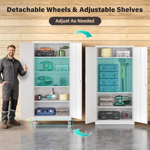 SISESOL 75" Tall White Metal Storage Cabinet with Wheels and Shelves - Image 6