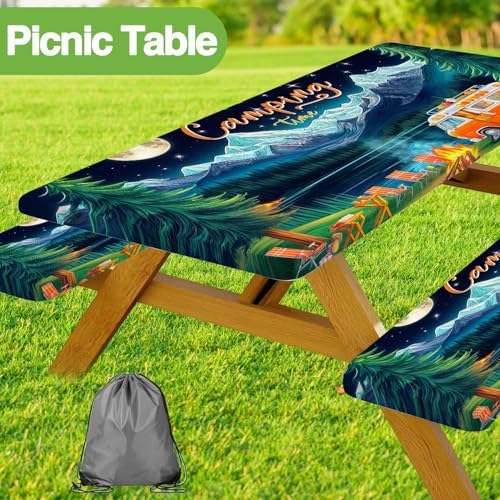 Picnic Table Cover with Bench Covers and Bag, Forest Mountain Lake Fitted Outdoor Table Covers, Camping Essentials, Windproof & Waterproof Tablecloth Cover with Elastic Edge, 3 PCS, 30x60 Inch - Image 4