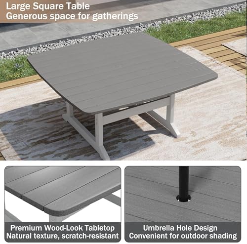 All Weather Patio Dining Table Set for 8, HDPE Heavy Duty Outdoor Rectangular Table & 8 Chairs, 9PCS Outdoor Furniture Set for Patio Garden Lawn, White and Grey - Image 5