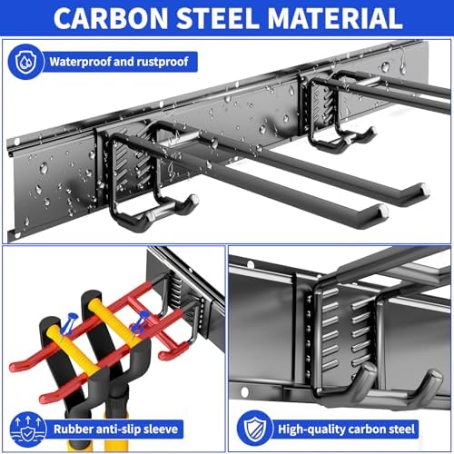 Garage Tool Organizer Wall Mount, 48 Inch Heavy Duty Garden Tool Organizer Storage System, Easy Install with 6 Adjustable Bilayer Hooks, for Garage, Basement, Shed, Workshop, Black, Steel - Image 5