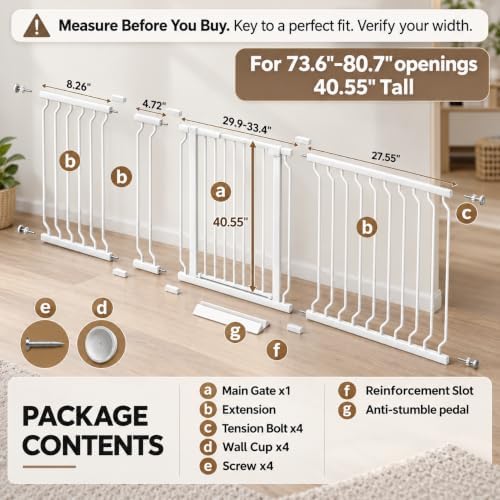 Extra Tall Baby and Dog Gate, 40.55" H, 73.62"-80.70" W, White - Image 2