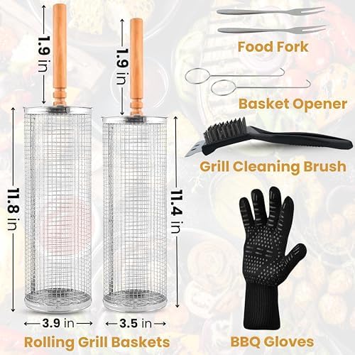 2 XL Rolling Grill Basket For Veggies Removable Wooden Handle 304 Stainless Steel Nesting Smoker Net BBQ Grilling Accessories Tools Kebab Fish Vegetable Steamer Basket Camping Cooking Outdoor Kitchen Food Rotisserie Barbeque Cooking Grilling Gifts For ... - Image 5