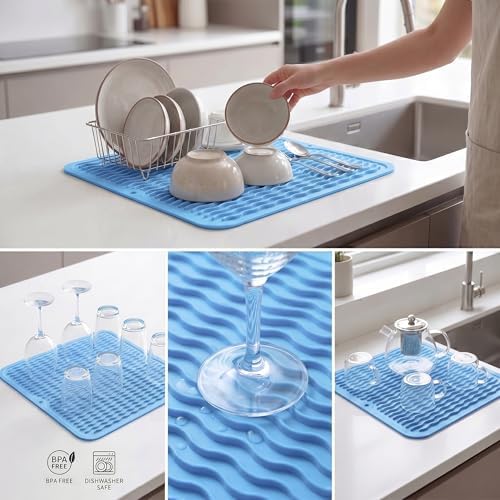 MicoYang Silicone Dish Drying Mat for Multiple Usage,Easy clean,Eco-friendly,Heat-resistant Silicone Mat for Kitchen Counter or Sink,Refrigerator or Drawer liner Light Blue M 12 inches x 12 inches - Image 5