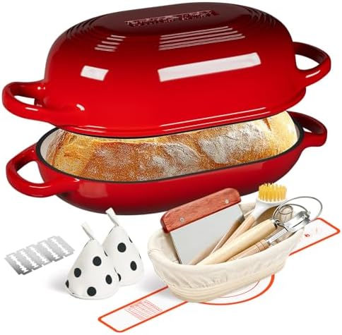 Enameled Cast Iron Sourdough Bread Oven, Dutch Oven, incl. Sourdough Bread-Baking Supplies like Banneton Bread-Proofing Basket - 5QT Loaf Cast Iron Bread Pan for Homemade Bread Baking, Red Meatloaf Pan with Lid by UmiteChef