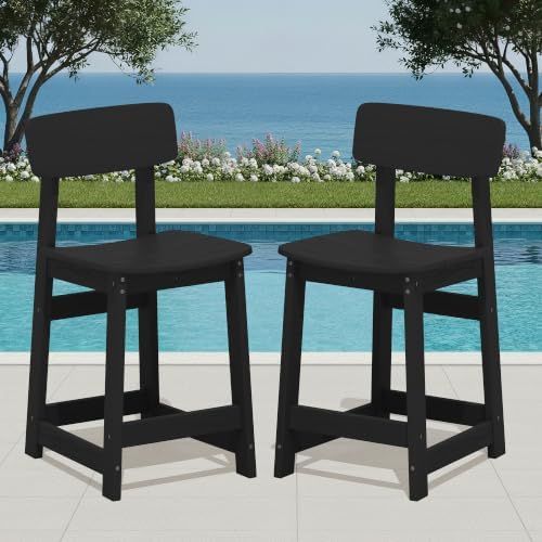SERWALL Outdoor HDPE Counter-Height Bar Stools Set of 2, Black - Image 2