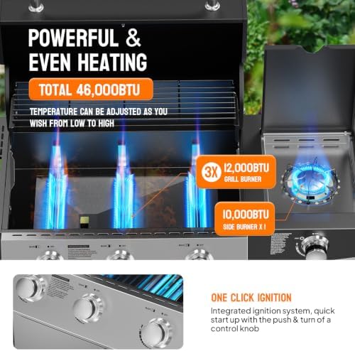 ROVSUN 3 Burner Propane Gas Grill with Side Burner, 46,000BTU BBQ Grills with Enameled Cast Iron Grates, Shelf & Cabinet for Outdoor Garden Patio Backyard Barbecue Cooking - Image 2