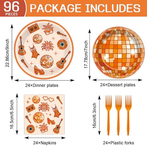 96PCS Singer Disco Ball Party Paper Plates and Napkins for Orange Music Themed Birthday Disposable Dessert Plates Disposable Tableware for 24 Guests Music Lover Birthday Gatherings Decorations - Image 2